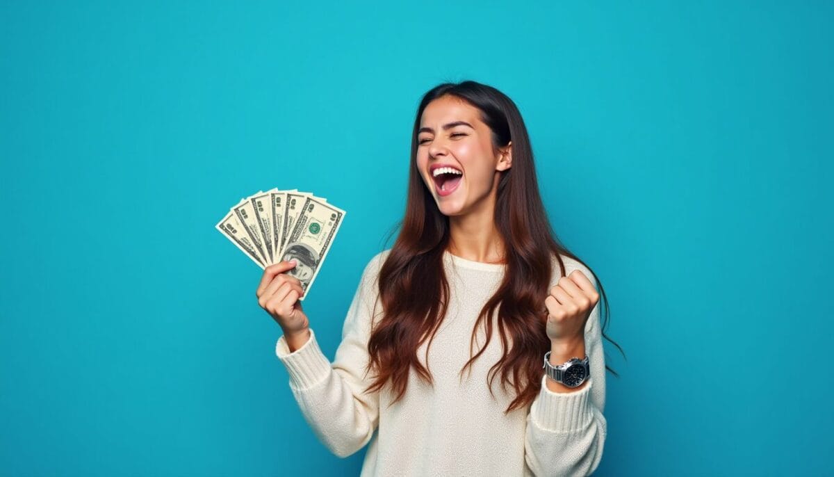 A woman in a blue background happily holding money.