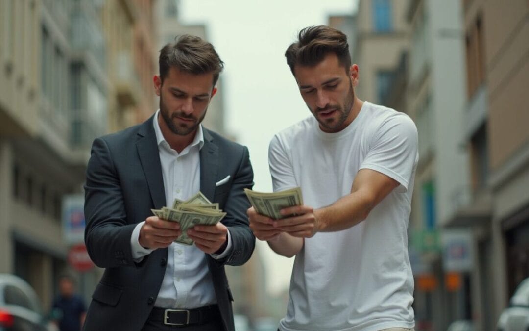 Two guys holding money.