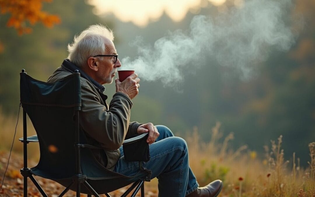 Old man enjoying nature in a camping chair while drinking coffee.