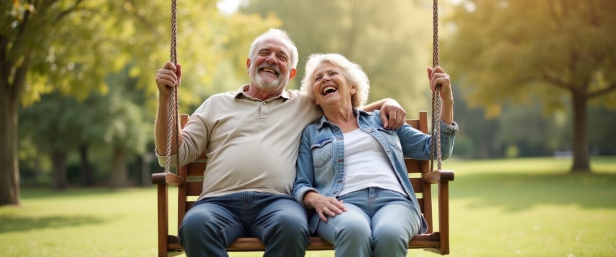 Happy elderly couple in a swing.