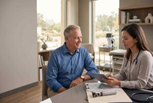doctor consulting senior patient tablet
