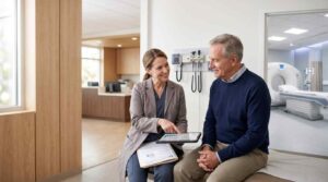 doctor reviewing medical results tablet patient