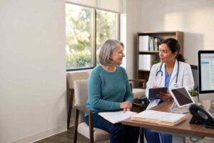 female doctor consulting senior woman
