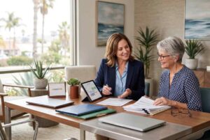 insurance agent reviewing documents senior woman