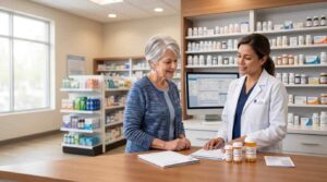 pharmacist consulting senior patient prescriptions