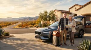 retired couple road trip volvo wagon
