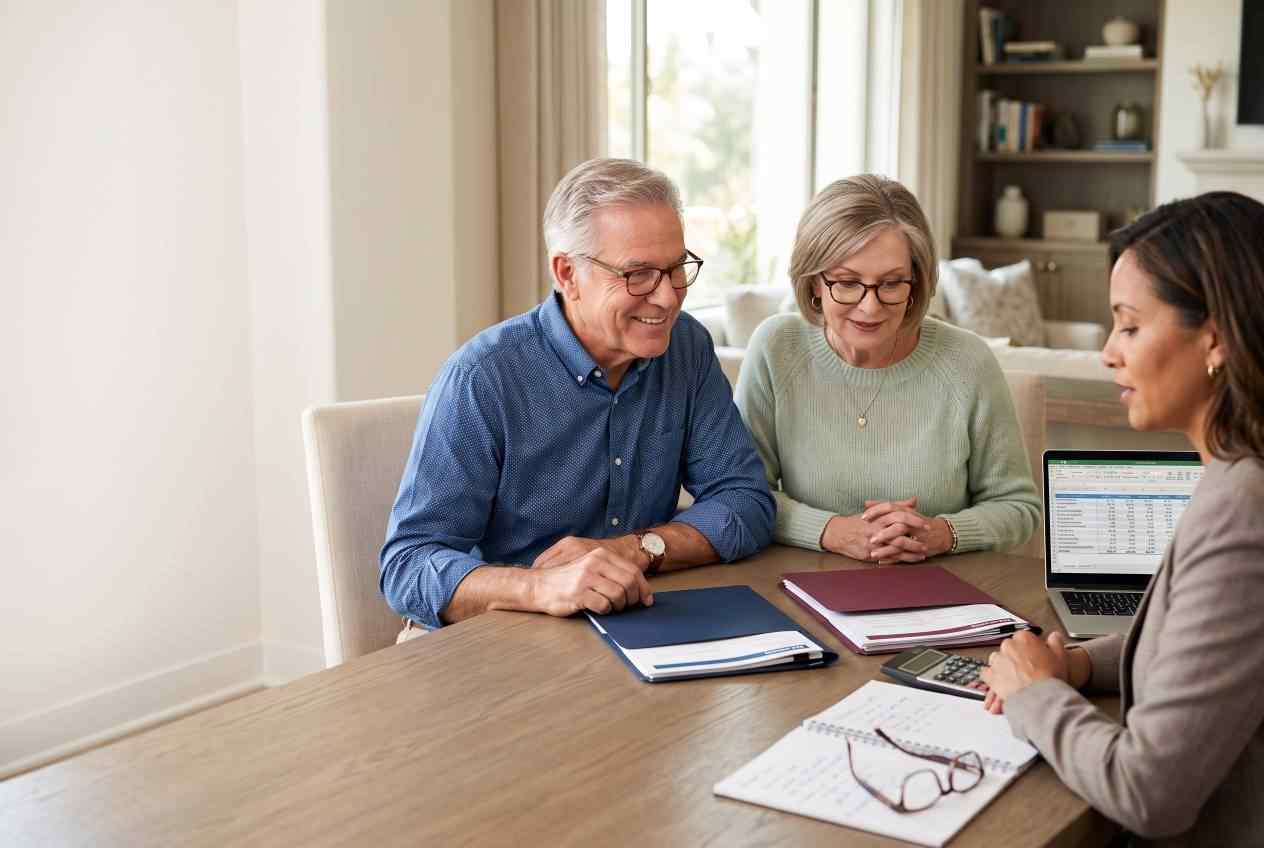 senior couple consulting medicare advisor home