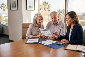 senior couple financial advisor tablet meeting