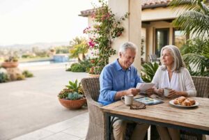 senior couple reviewing finances patio breakfast