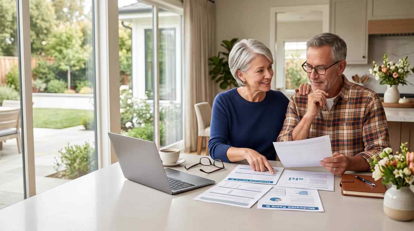senior couple reviewing medicare documents home